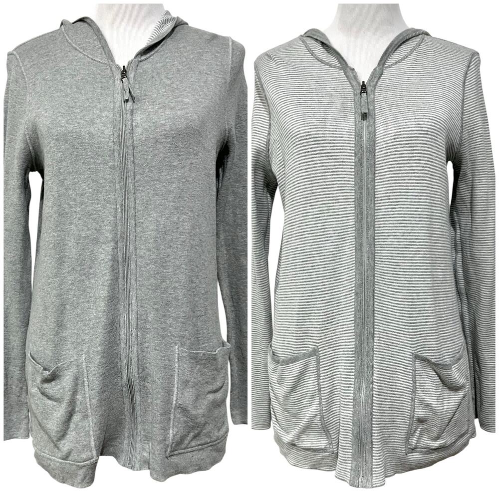 J. Jill Women’s Reversible Knit Cardigan Jacket Hooded Full Zip Gray Sz Petite S